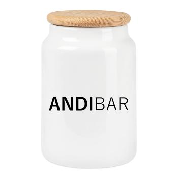 ANDIBAR – Namens-Wortspiel Andi, Andreas, Andy - Keksdose mit Holzdeckel - Weiß - Vorne