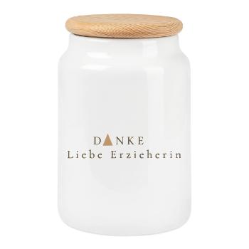 Merci – cher institutrice de maternelle, un cadeau avec un cœur - Boîte à biscuits avec couvercle en bois - blanc - Devant