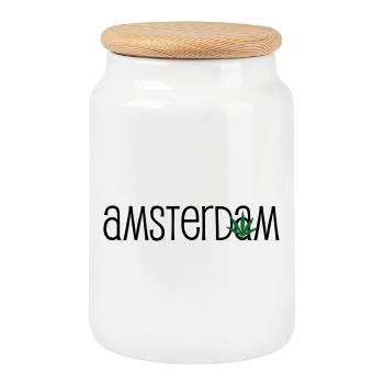 Amsterdam - Cannabis - Weed - Cookie Jar with Wooden Lid - white - Front