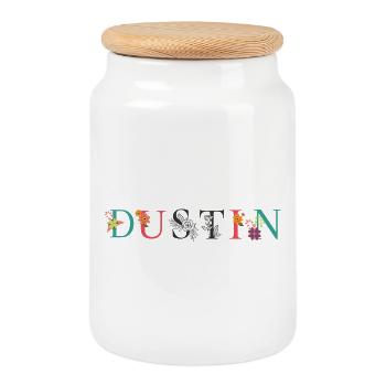 DUSTIN Namenskunst mit gestickten Blumen - Keksdose mit Holzdeckel - Weiß - Vorne