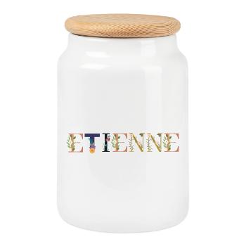 ÉTIENNE prénom orné de fleurs - Boîte à biscuits avec couvercle en bois - blanc - Devant