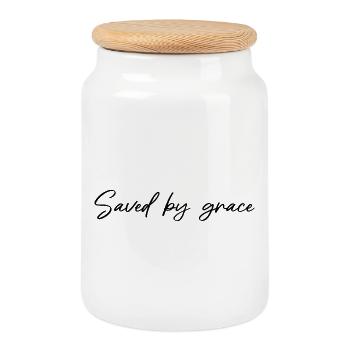 Cadeaux avec la proverbe chrétienne Sauvés par la grâce - Boîte à biscuits avec couvercle en bois - blanc - Devant