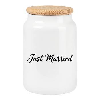 Just Married – Classic Wedding Lettering - Cookie Jar with Wooden Lid - white - Front