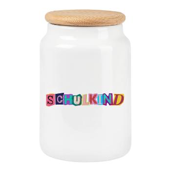 Kunterbuntes Schulkind Logo - Jetzt Schulkind - Keksdose mit Holzdeckel - Weiß - Vorne