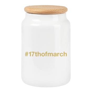né le 17 mars Anniversaire anniversaire - Boîte à biscuits avec couvercle en bois - blanc - Devant