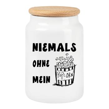 Niemals Ohne Mein Popcorn - Kino - Geschenk - Keksdose mit Holzdeckel - Weiß - Vorne