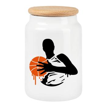 Basketball Spieler mit einem Basketball - Keksdose mit Holzdeckel - Weiß - Vorne