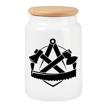 Zimmerer-Logo, Zunftzeichen - Keksdose mit Holzdeckel - Weiß - Vorne