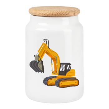 Yellow excavator - Cookie Jar with Wooden Lid - white - Front