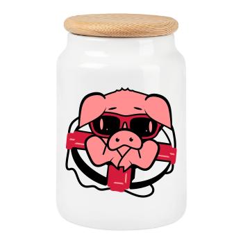 Un cochon avec une bouée de sauvetage - Boîte à biscuits avec couvercle en bois - blanc - Devant