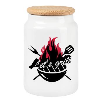 A grill with barbecue utensils - Cookie Jar with Wooden Lid - white - Front