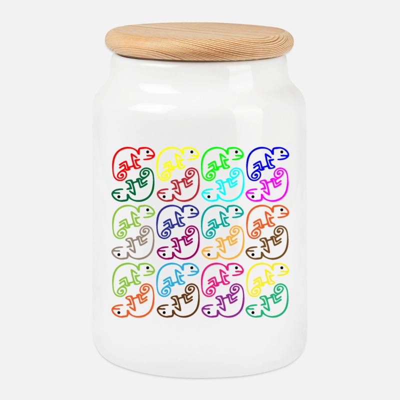 Chameleon hustle and bustle - Cookie Jar with Wooden Lid - white