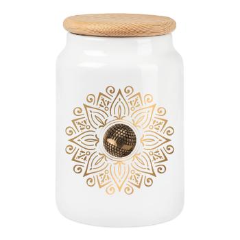 Goldenes Mandala mit Boulekugel - Keksdose mit Holzdeckel - Weiß - Vorne