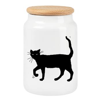 Black cat - Cookie Jar with Wooden Lid - white - Front