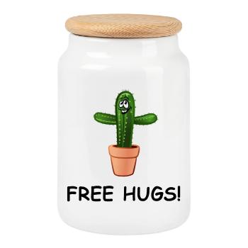 Smiling Cactus: FREE HUGS! - Cookie Jar with Wooden Lid - white - Front