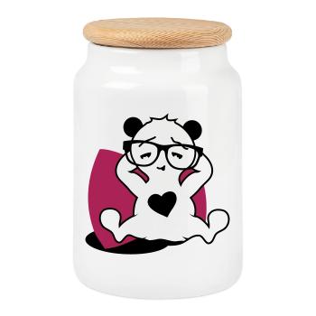 Panda with nerd glasses and heart button while relaxing - Cookie Jar with Wooden Lid - white - Front