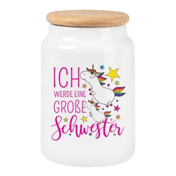 Große Schwester Einhorn Einhörner pink Sterne bunt - Keksdose mit Holzdeckel - Weiß - Vorne