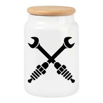 Wrench crossed with spark plugs - Cookie Jar with Wooden Lid - white - Front