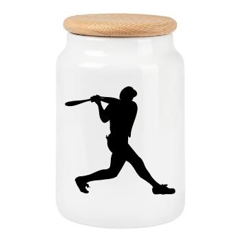 Baseball man boy with helmet on strikes - Cookie Jar with Wooden Lid - white - Front