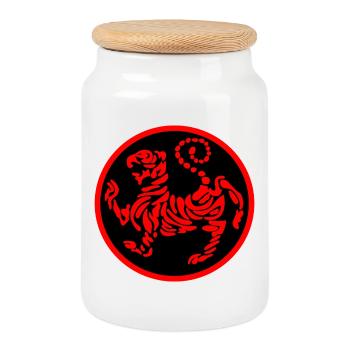 Shotokan karate logo emblem tiger red on black - Cookie Jar with Wooden Lid - white - Front