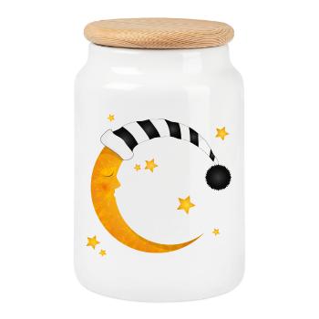 lune endormie avec un bonnet de couchage à rayures - Boîte à biscuits avec couvercle en bois - blanc - Devant
