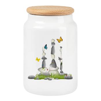 trois tours de pierre dans une prairie avec des insectes - Boîte à biscuits avec couvercle en bois - blanc - Devant