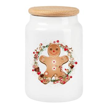 cheerful gingerbread man in the cookie wreath - Cookie Jar with Wooden Lid - white - Front