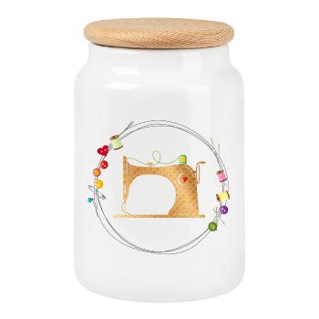 machine à coudre colorée nostalgique avec accessoires de couture - Boîte à biscuits avec couvercle en bois - blanc - Devant