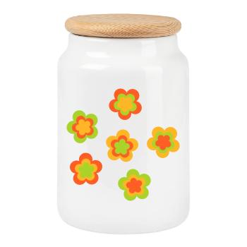 70er Jahre Blume Muster - Keksdose mit Holzdeckel - Weiß - Vorne
