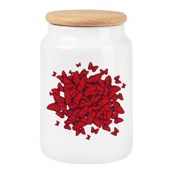 many red butterflies of imaginative circles - Cookie Jar with Wooden Lid - white - Front