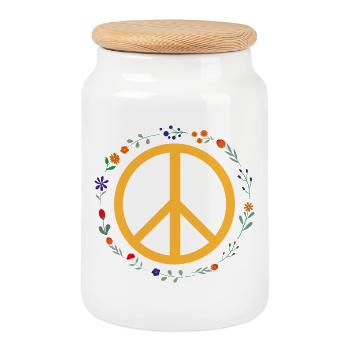 Floral Wreath Peace Symbol - Cookie Jar with Wooden Lid - white - Front