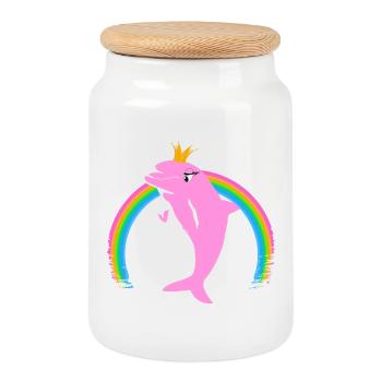 Rainbow Dolphin Couronne d’or Rose - Boîte à biscuits avec couvercle en bois - blanc - Devant