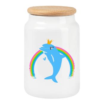 Regenbogen Delfin goldene Krone Blau - Keksdose mit Holzdeckel - Weiß - Vorne