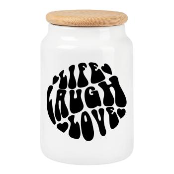 Graphique rétro psychédélique « Live Laugh Love » - Boîte à biscuits avec couvercle en bois - blanc - Devant
