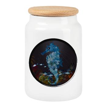 hippocampe bleu dans le monde sous-marin - Boîte à biscuits avec couvercle en bois - blanc - Devant