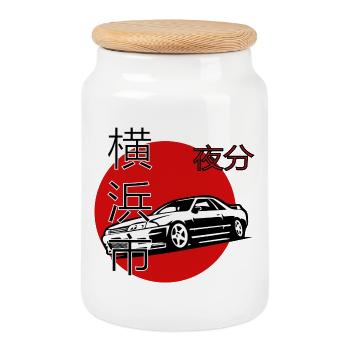Yokohama Nights, Japanese car design - Cookie Jar with Wooden Lid - white - Front