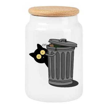 Black cat observed - Cookie Jar with Wooden Lid - white - Front