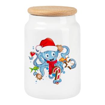 Octopus has fun and cookies for Christmas - Cookie Jar with Wooden Lid - white - Front