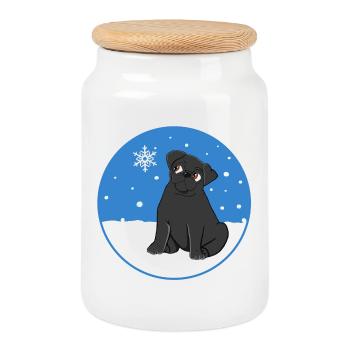 Black Pug in the Snow - Cookie Jar with Wooden Lid - white - Front