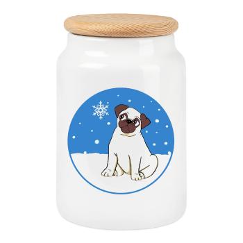 Mops im Schnee - Keksdose mit Holzdeckel - Weiß - Vorne