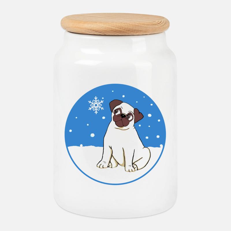 Mops im Schnee - Keksdose mit Holzdeckel - Weiß