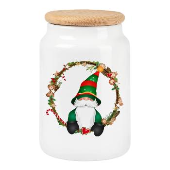 cute elf in the context of Christmas - Cookie Jar with Wooden Lid - white - Front