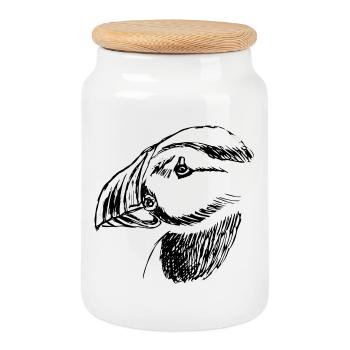 Hand drawn puffin bird - Cookie Jar with Wooden Lid - white - Front