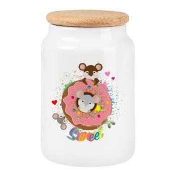 three cute mice and a donut with pink glaze - Cookie Jar with Wooden Lid - white - Front