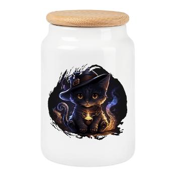 Mystical Witch Cat with Magic Hat - Cookie Jar with Wooden Lid - white - Front