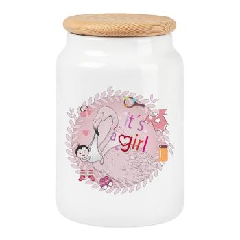 Flamingo mit Baby und Baby Utensilien in Rosa - Keksdose mit Holzdeckel - Weiß - Vorne
