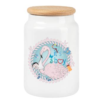 Flamingo with baby and baby utensils in blue - Cookie Jar with Wooden Lid - white - Front