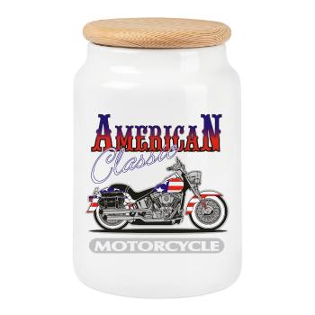 Classic American Motorcycle - Cookie Jar with Wooden Lid - white - Front