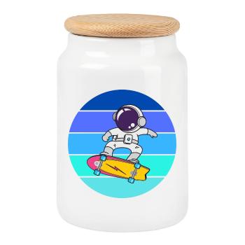 astronaute, space, cosmonaute - Boîte à biscuits avec couvercle en bois - blanc - Devant
