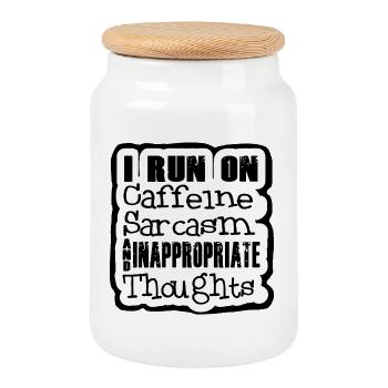 I run on caffeine and sarcasm. Humour - Cookie Jar with Wooden Lid - white - Front